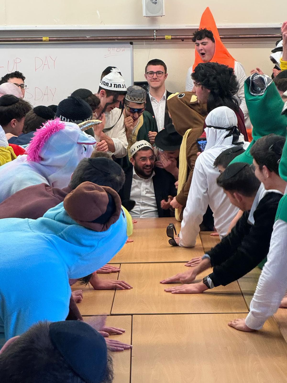 Students in costume at a Purim celebration